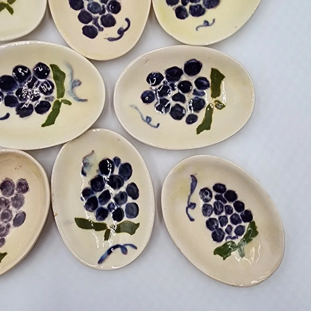 Vintage Hand Painted Ceramic Salt Cellars Purple Grapes Trinket Dishes Lot of 8